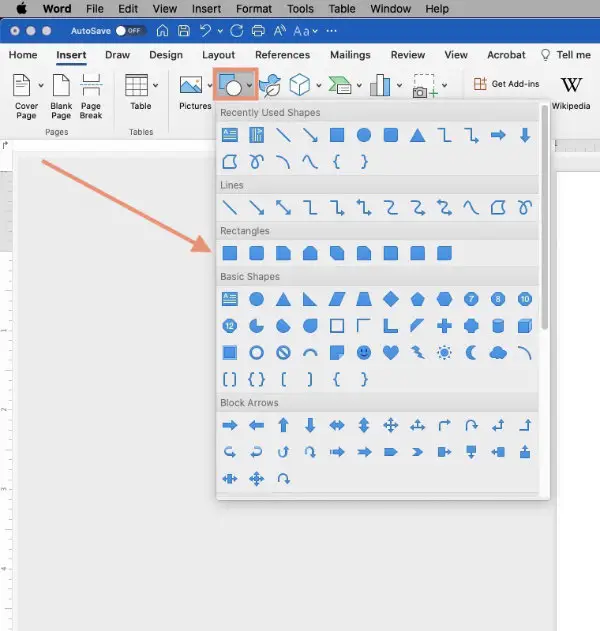 Microsoft Word - Insert Shape panel