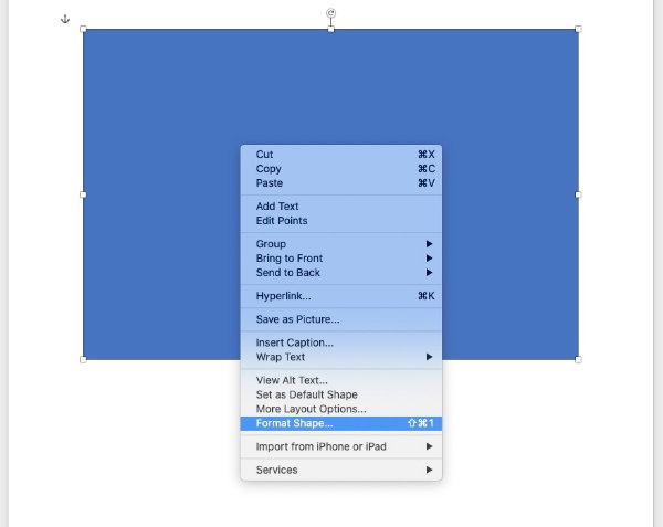 right-click menu to format shape ms word