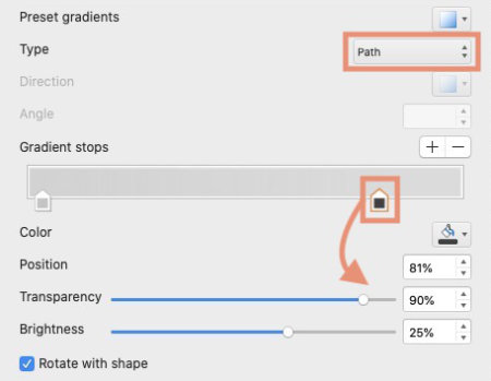 settings for second gradient stop in ms word