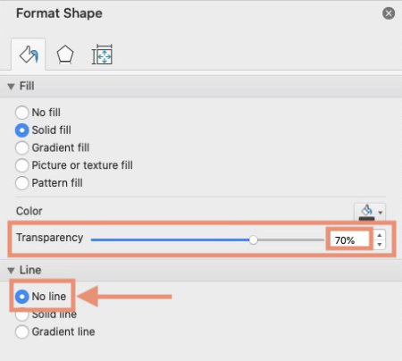 shape fill transparency set to 70% ms word