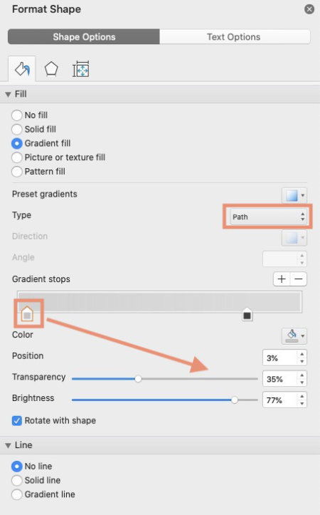 settings for first gradient stop in ms word