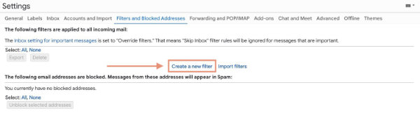 link to create a new filter in Gmail filters and blocked addresses tab