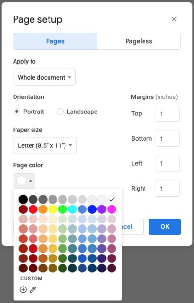 Page setup panel in Google Docs showing page color selector.