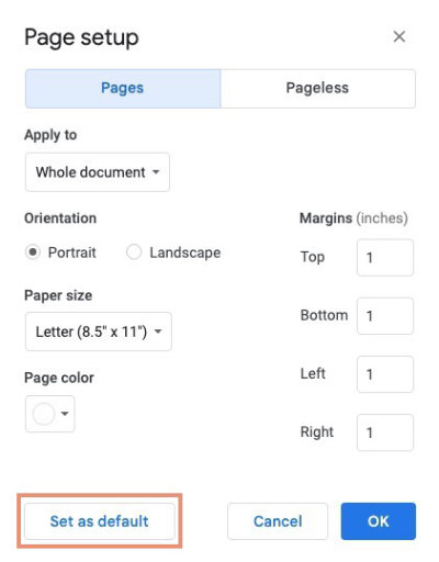 Page setup panel in Google Docs showing Set as Default button.