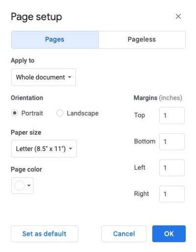 Google Docs page setup panel. Change page color in Google Docs.