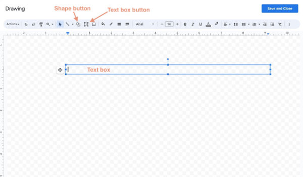 The shape button and text box button in Google Docs Drawing panel.