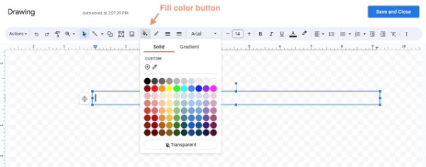 The Google Docs drawing panel showing the Fill color button and selector.