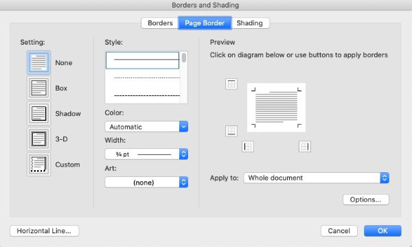 Borders and shading panel in Word. Insert a border in word.