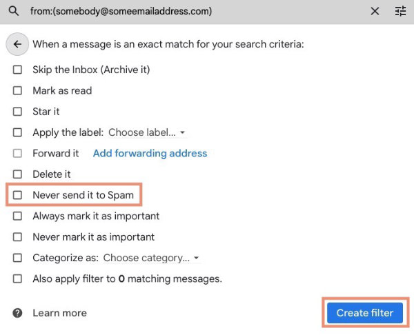 settings - set rule to whitelist email addresses in Gmail