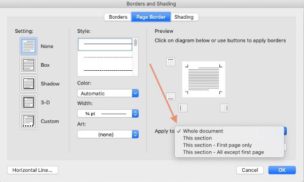 insert a border in word. set which part of the document gets the border.