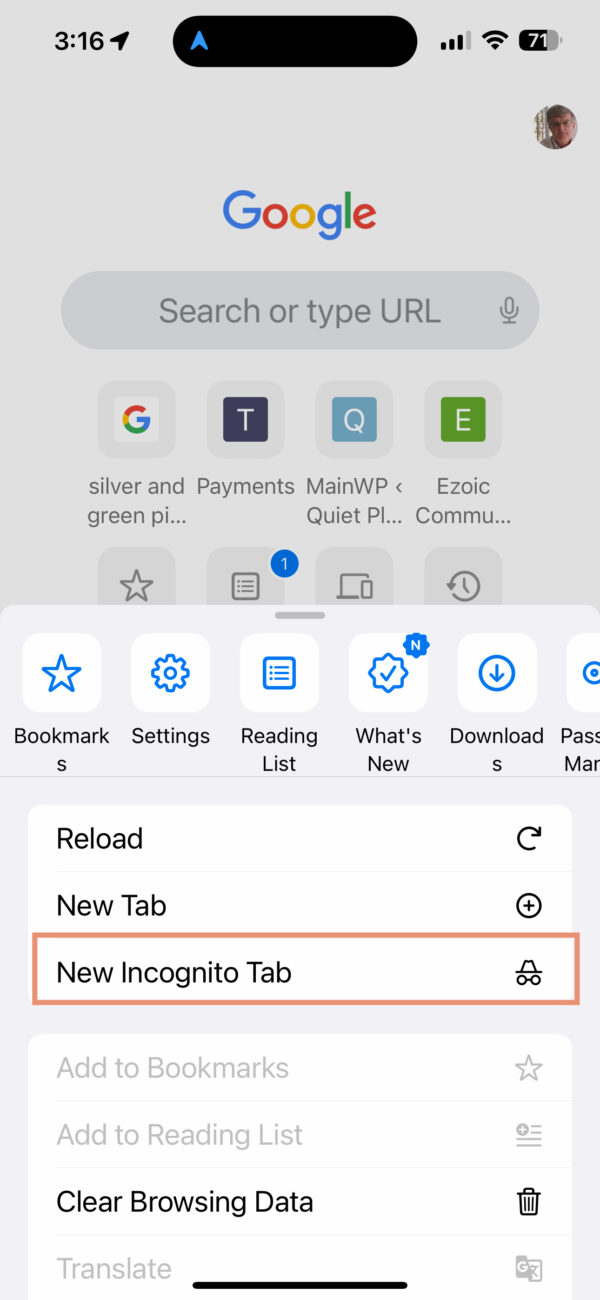 Open incognito browser windows in Google for iOS.

