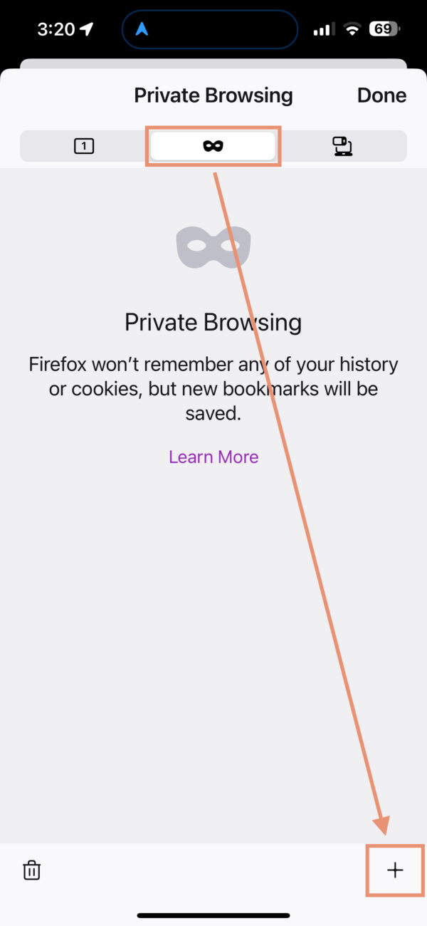 Open private browsing tab in Firefox for iOS