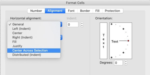 Format cells panel in Excel showing center across selection