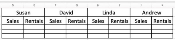 group of cells showing cells combined in Excel. cells are merged