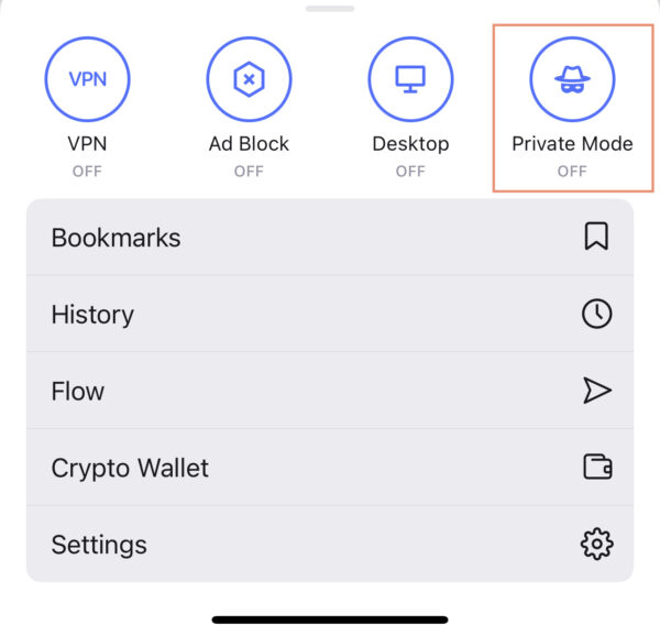 open private mode tab in Opera browser for iOS