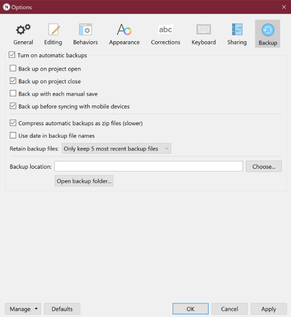 scrivener for windows backup options settings panel - share scrivener files