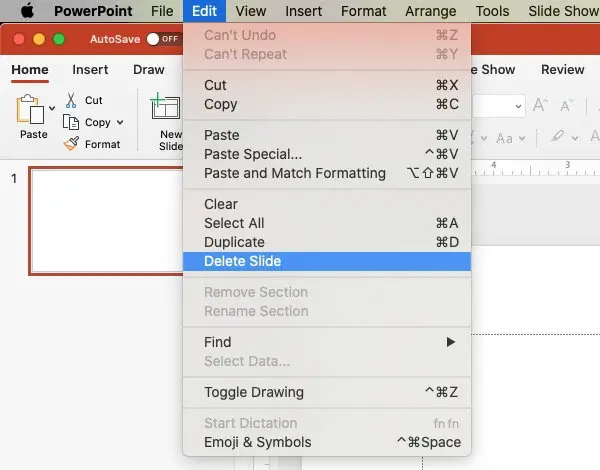 Delete a slide in PowerPoint on Mac computers using the Edit menu