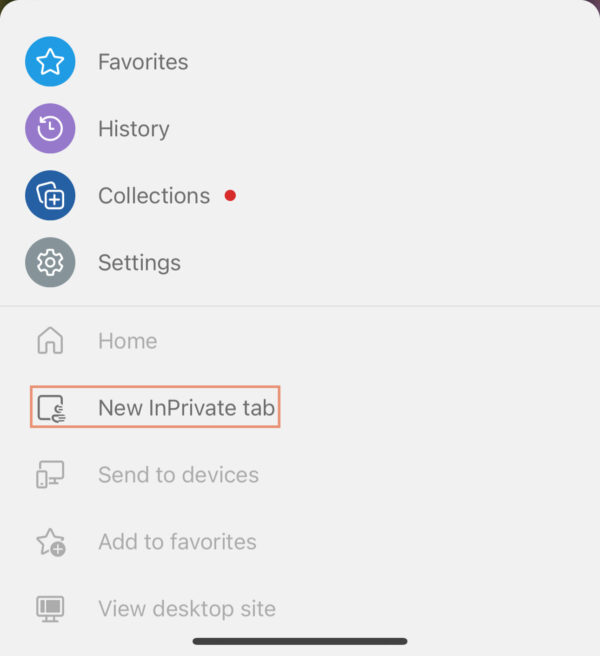 sub menu iOS Microsoft Edge New InPrivate tab.
