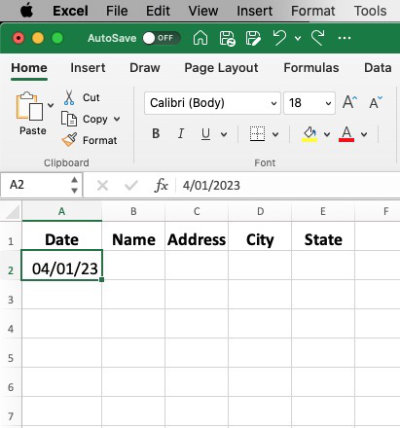MS Excel spreadsheet with date in cell A2, Preparing to automatically fill dates in Excel.