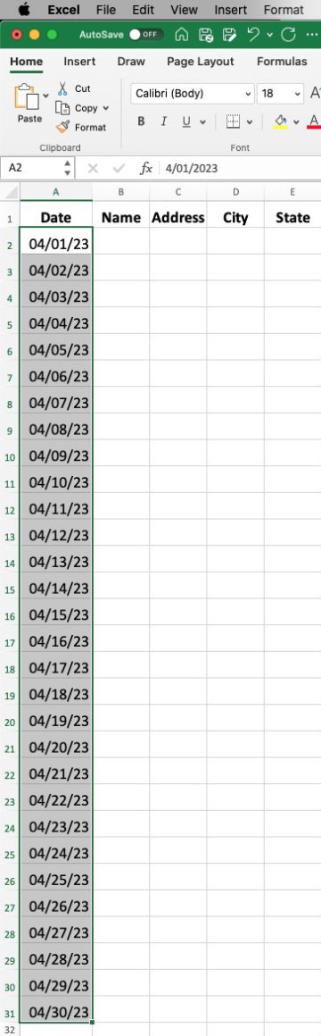 Fill dates in Excel. Excel sheet with dates auto-filled in column one.
