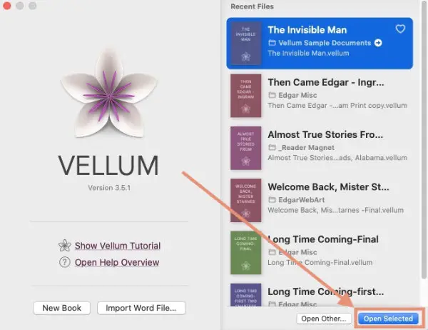 Vellum for Mac startup window - open button selected.