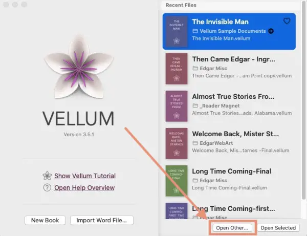 open files in Vellum for mac startup window