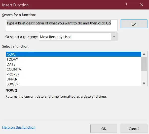 The Insert Function panel in Excel for Windows