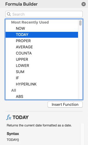 Excel formula builder with TODAY highlighted