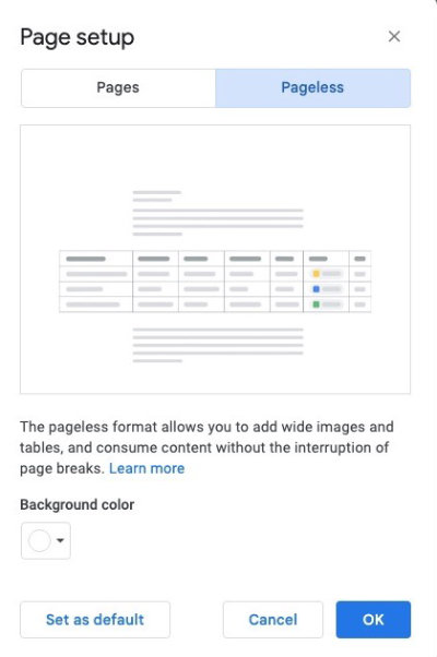 Set pageless format in Google Docs.