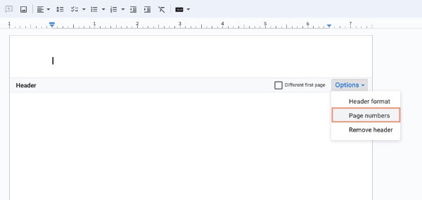 Insert header and page number in Google Docs.