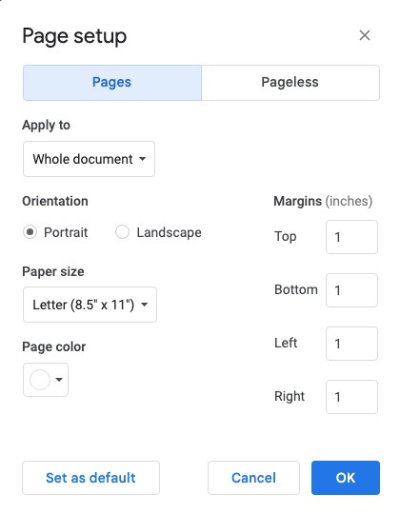 Set pages format in Google Docs