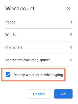 Display word count in Google Docs.