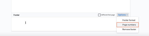 Insert footer and page number in Google Docs.