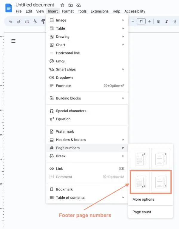 Insert page number in Google Docs footer from Insert menu.