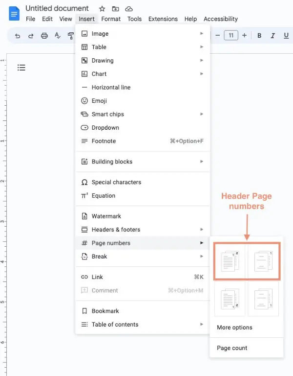 Google Docs insert page number from Insert menu