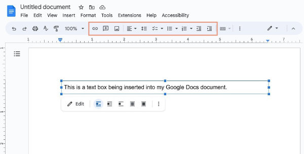 Google Docs document with a text box selected and toolbar activated.