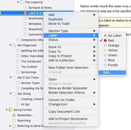 scrivener binder right-click menu for labels