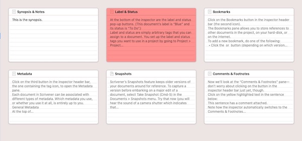 Scrivener labels set to show as background color in the Corkboard.