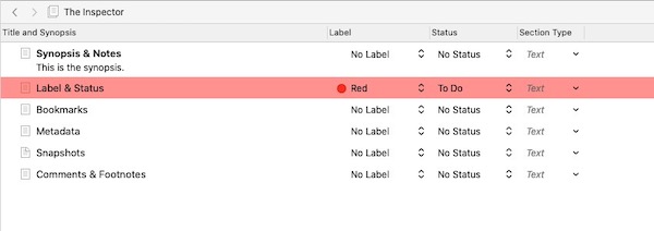 Scrivener label colors set to show as outline row color.