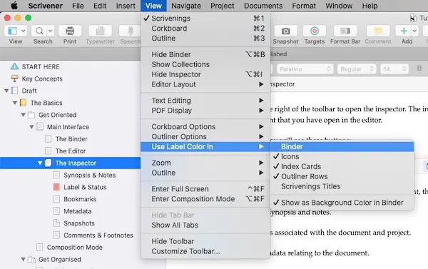 using labels in Scrivener. View menu > use labels in