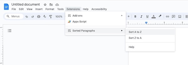 Opening the Sorted Paragraphs add-on to alphabetize in Google Docs.