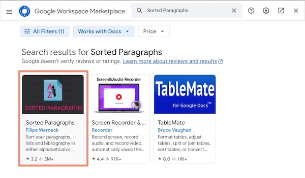 Can Google Docs alphabetize - sorted paragraphs add-on